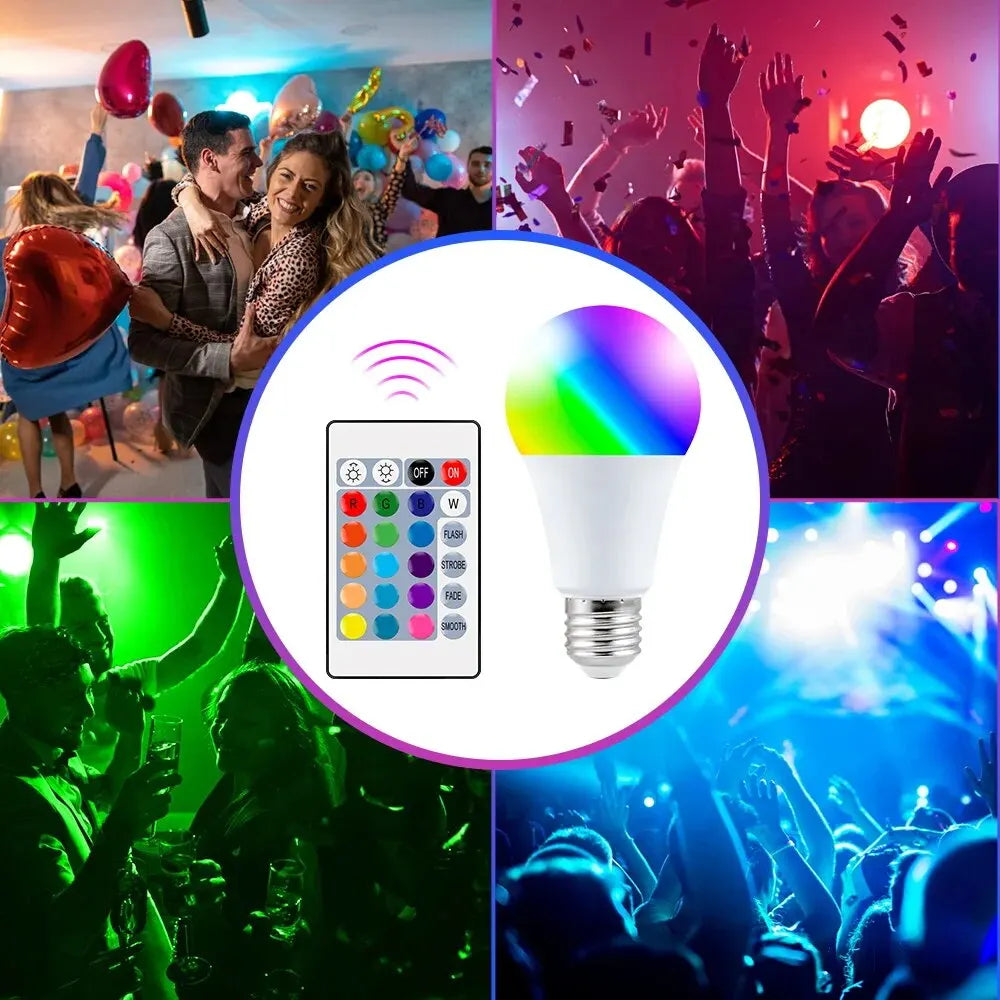 E27 RGB LED Bulb: 16 Colors, Dimmable, 220V, 24-Key Remote.